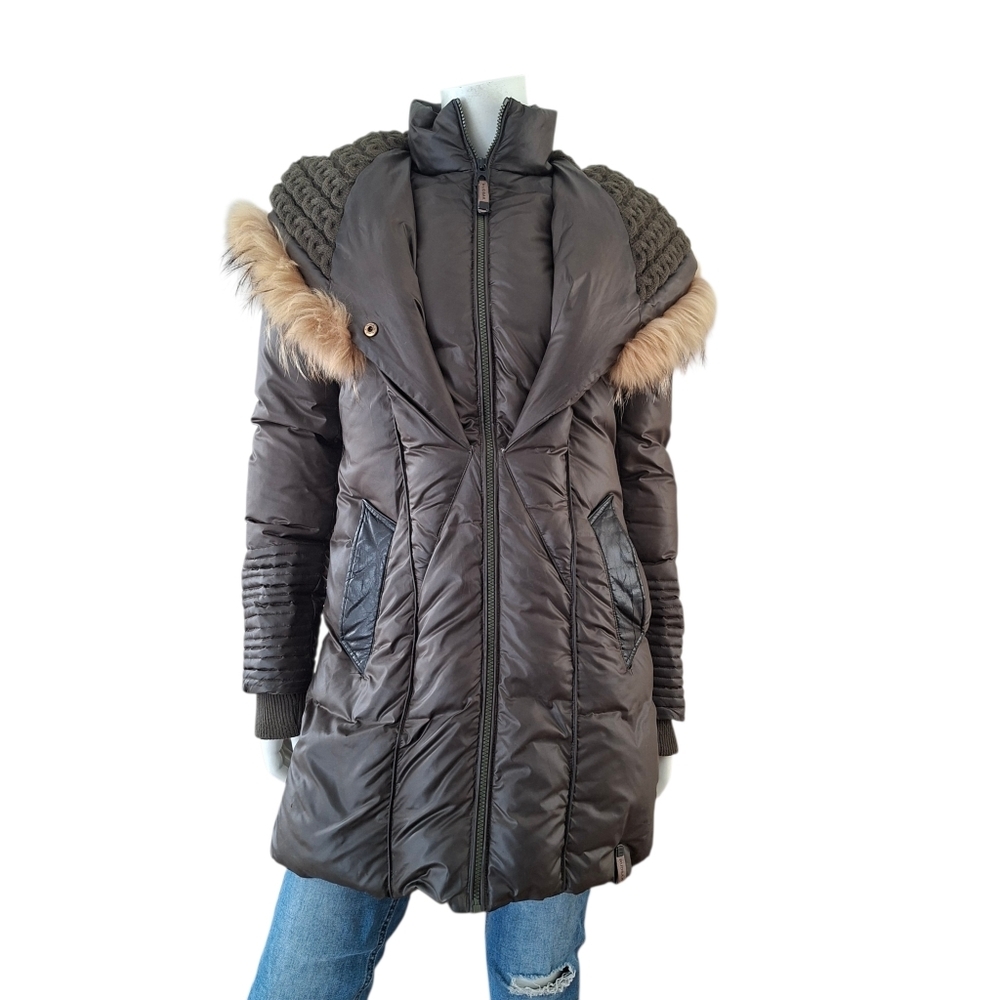 Rudsak Feathers Down Leather Women's Winter Coat Real Fur khaki brown - Picture 2 of 16